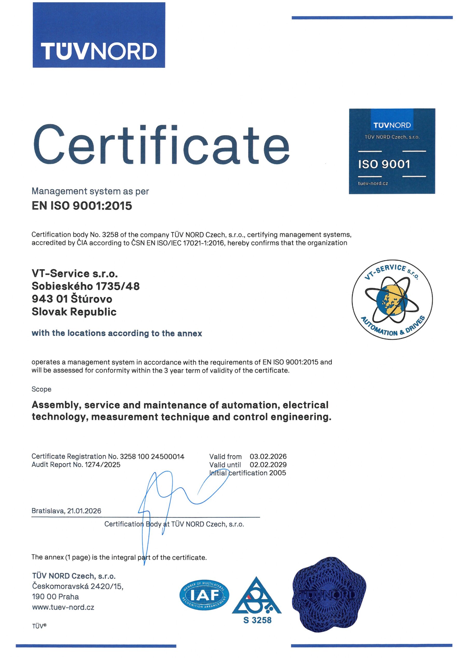 ISO 9001 certificate VT-SERVICE s.r.o. – English version (TÜV NORD)
