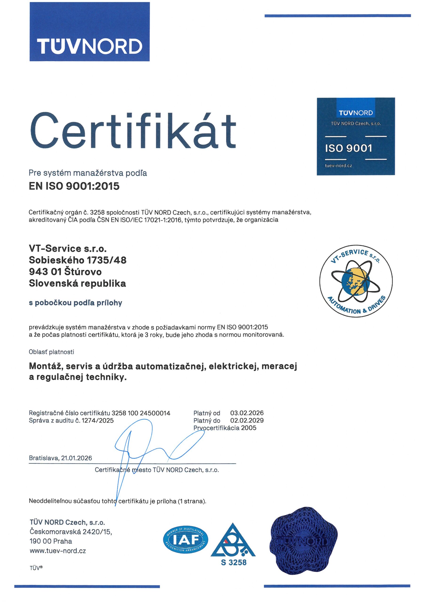 ISO 9001 certifikát VT-SERVICE s.r.o. – slovenská verzia (TÜV NORD)