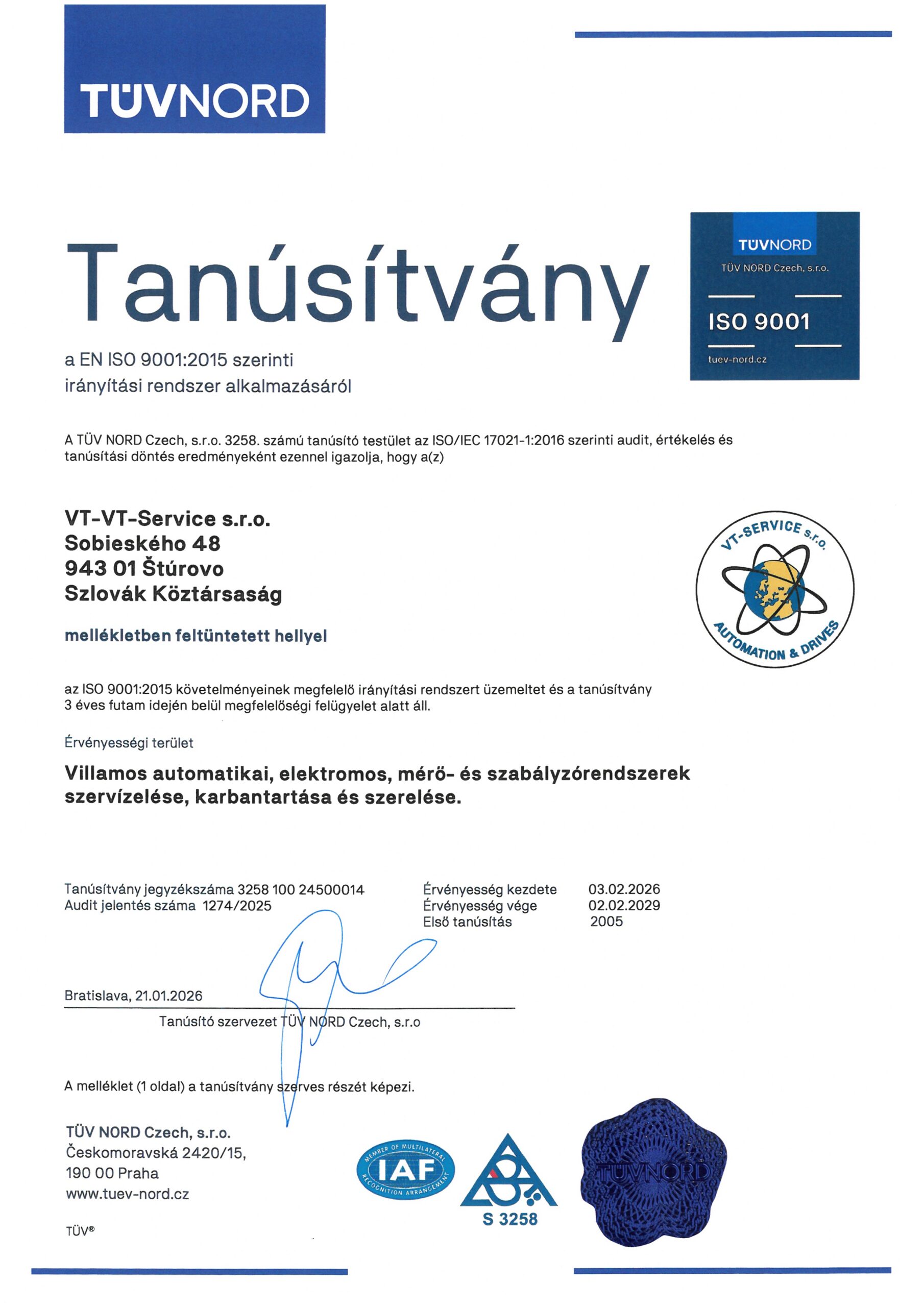 ISO 9001 tanúsítvány VT-SERVICE s.r.o. – magyar verzió (TÜV NORD)